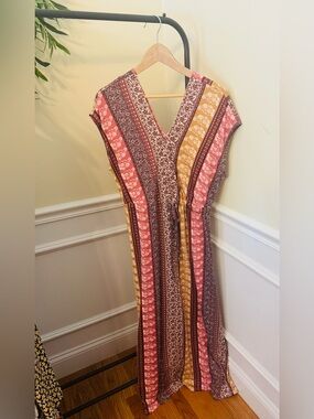 Cactus Striped V-Neck Maxi Dress in Pink, Mustard & Brown